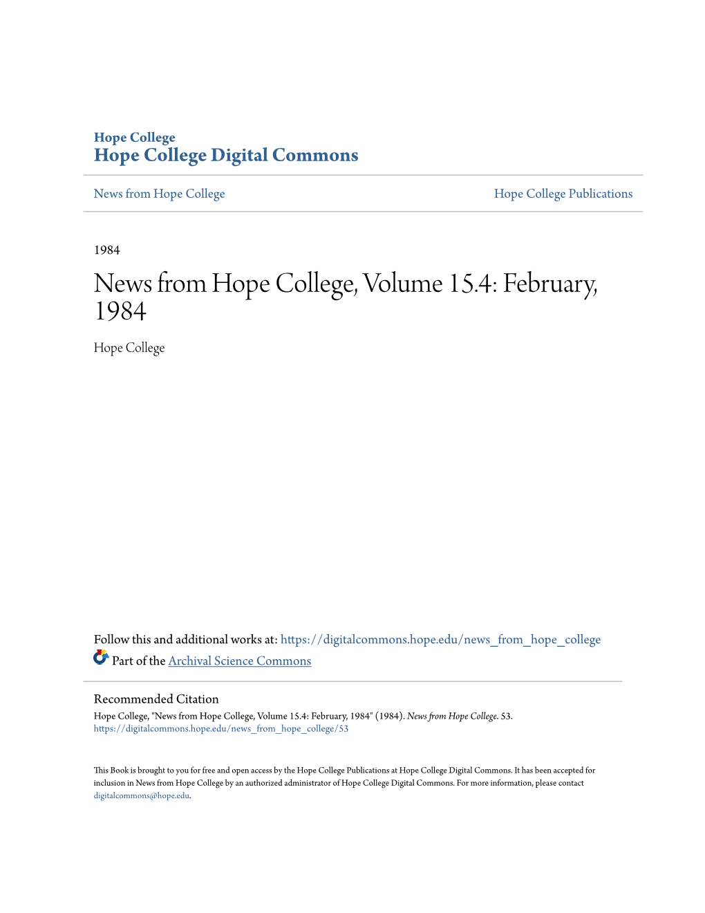News from Hope College, Volume 15.4: February, 1984 Hope College