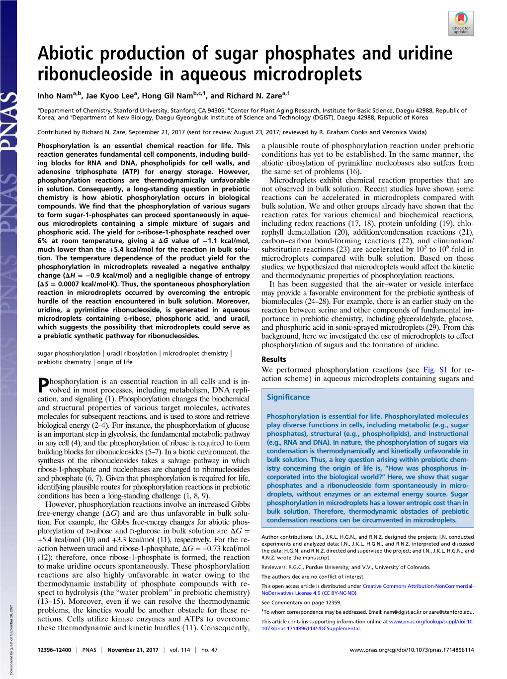 Abiotic Production of Sugar Phosphates and Uridine Ribonucleoside in Aqueous Microdroplets