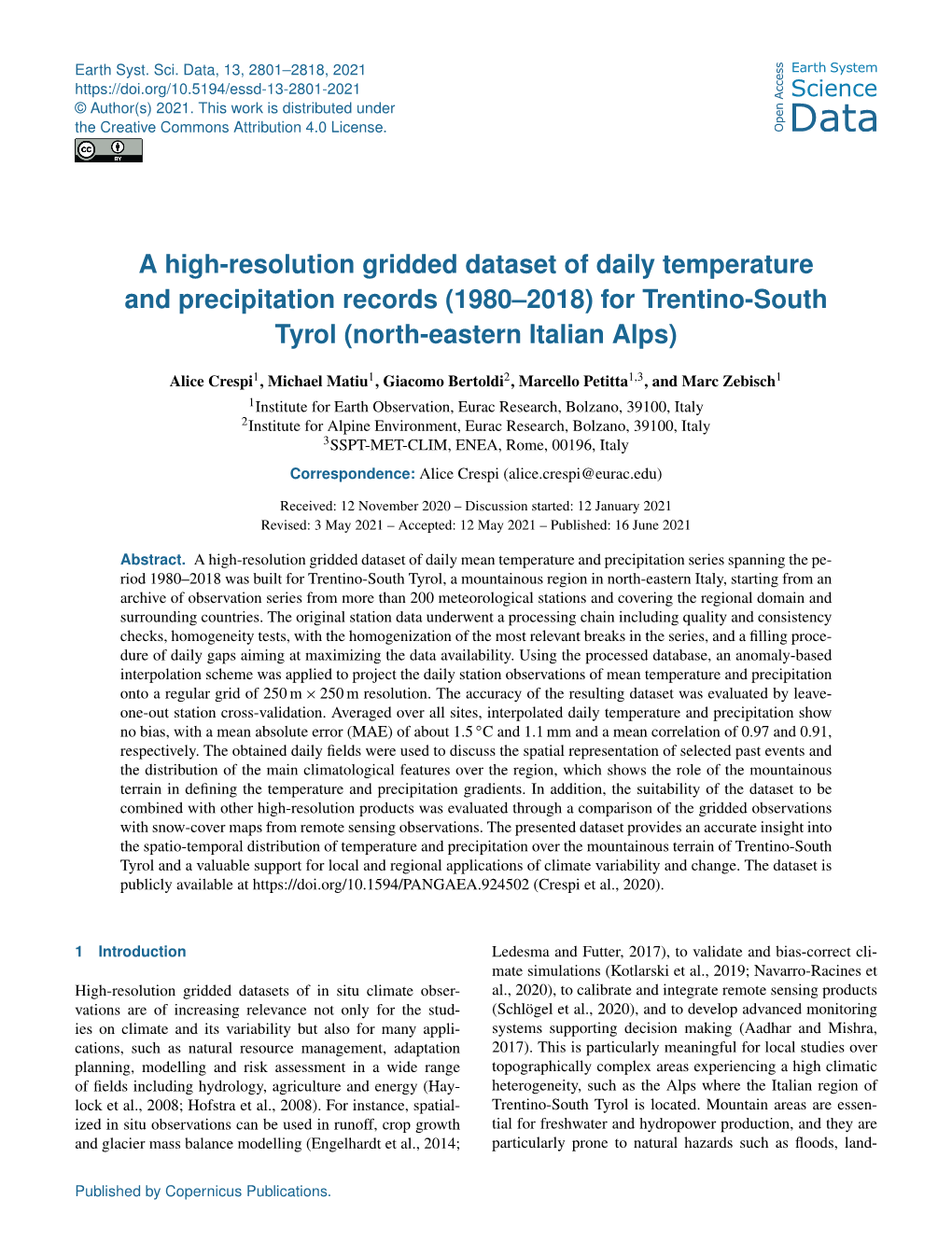 A High-Resolution Gridded Dataset of Daily Temperature and Precipitation Records (1980–2018) for Trentino-South Tyrol (North-Eastern Italian Alps)