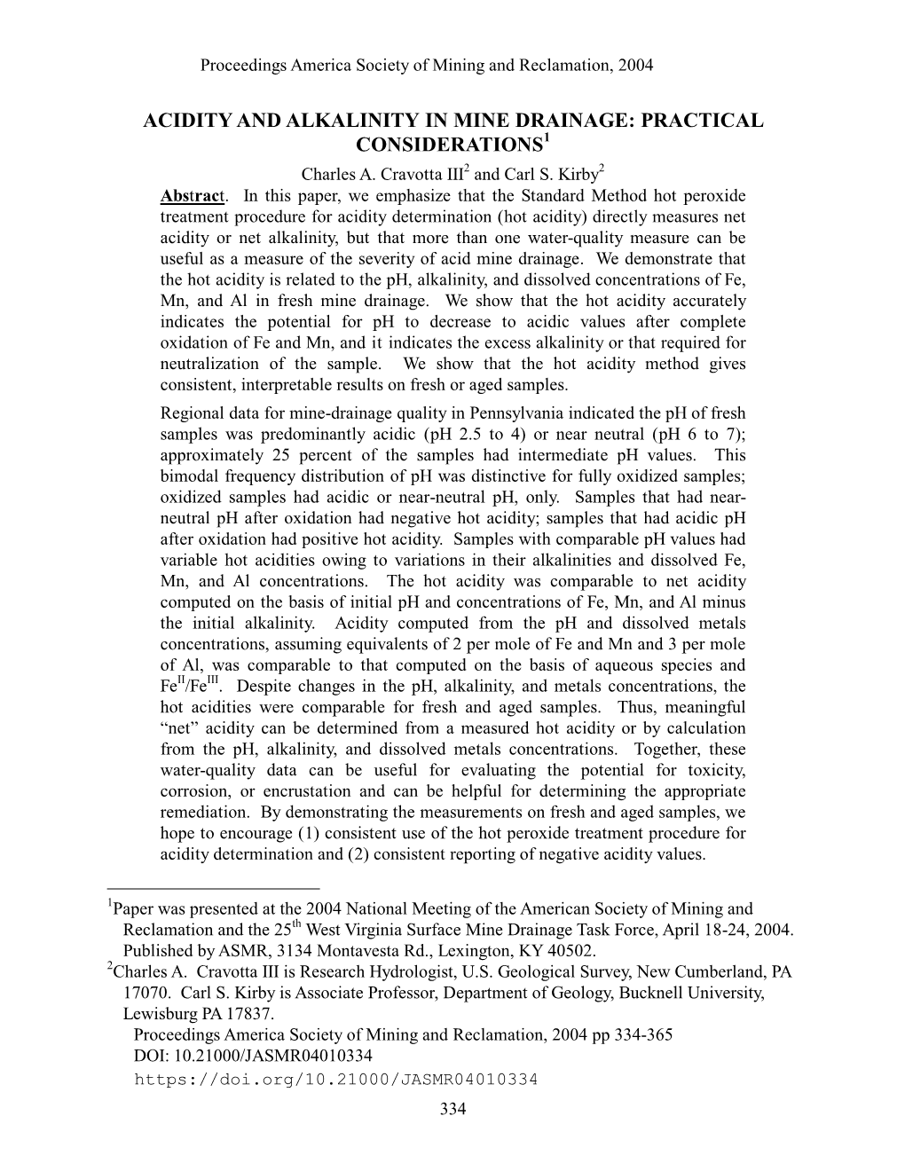 Alkalinity and Acidity in Mine Drainage