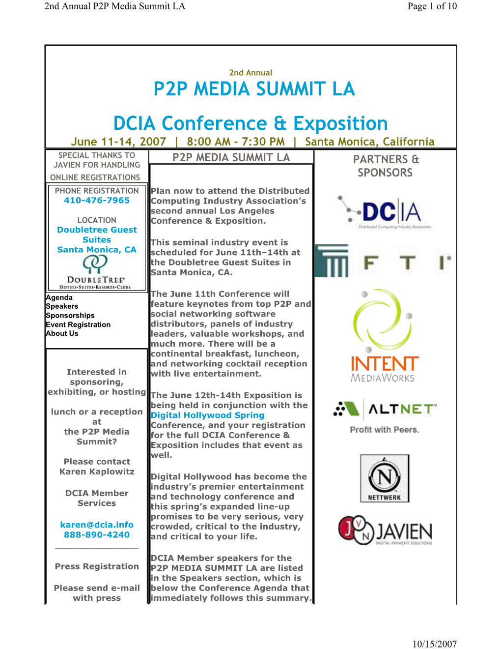 Digital Hollywood Spring at Conference, and Your Registration the P2P Media for the Full DCIA Conference &