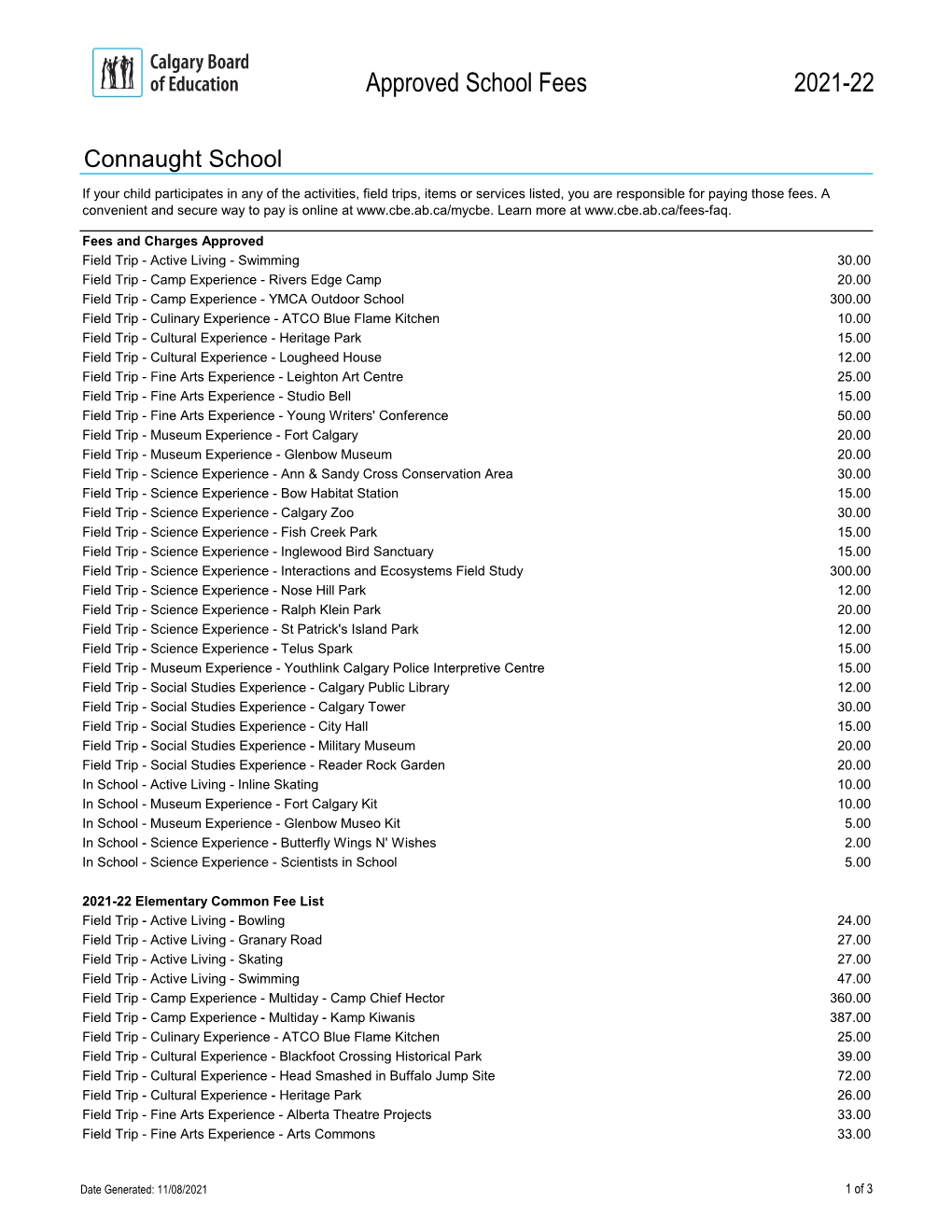 Connaught School | Approved Fees