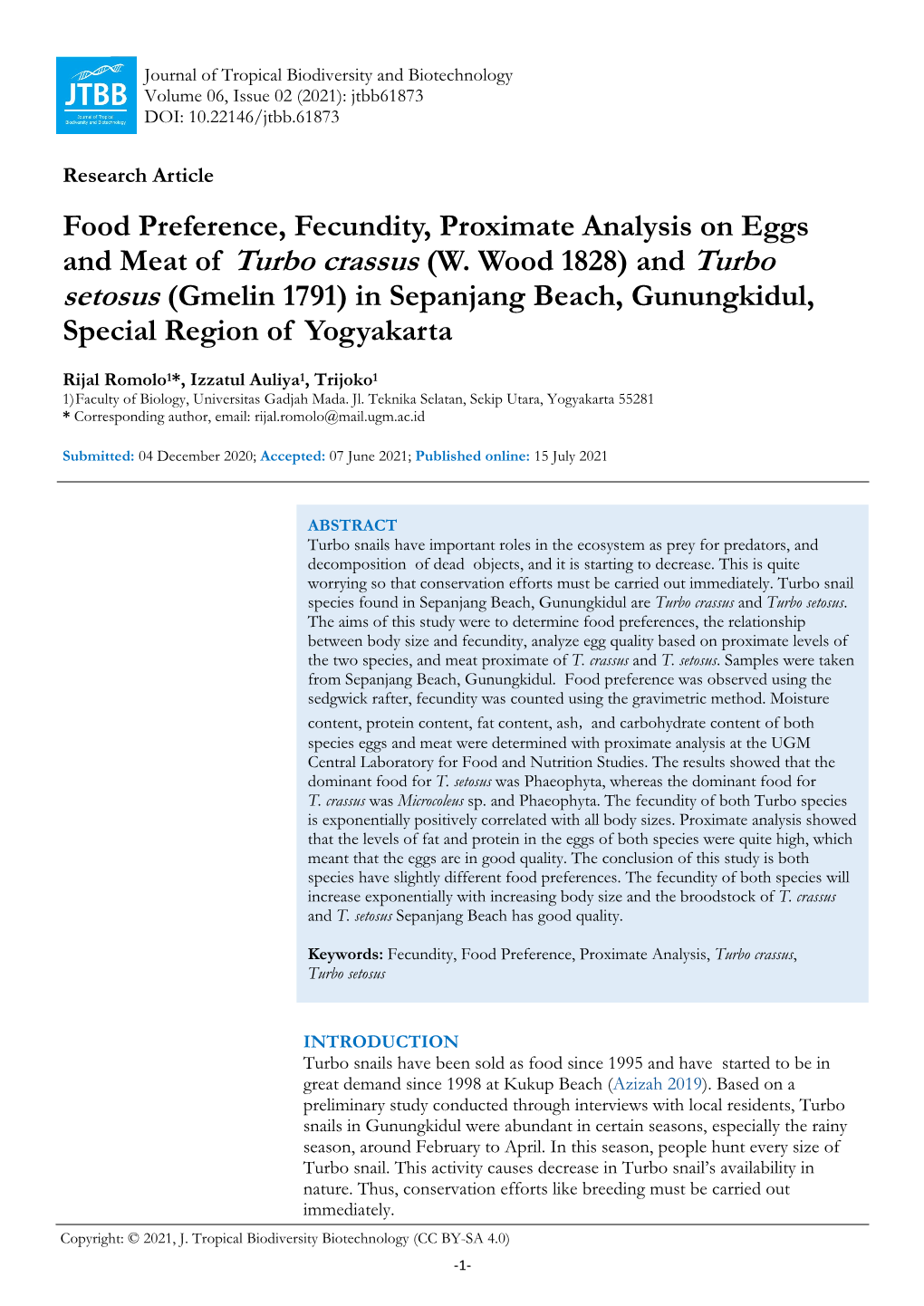 Food Preference, Fecundity, Proximate Analysis on Eggs and Meat of Turbo Crassus (W. Wood 1828) and Turbo Setosus (Gmelin 1791)