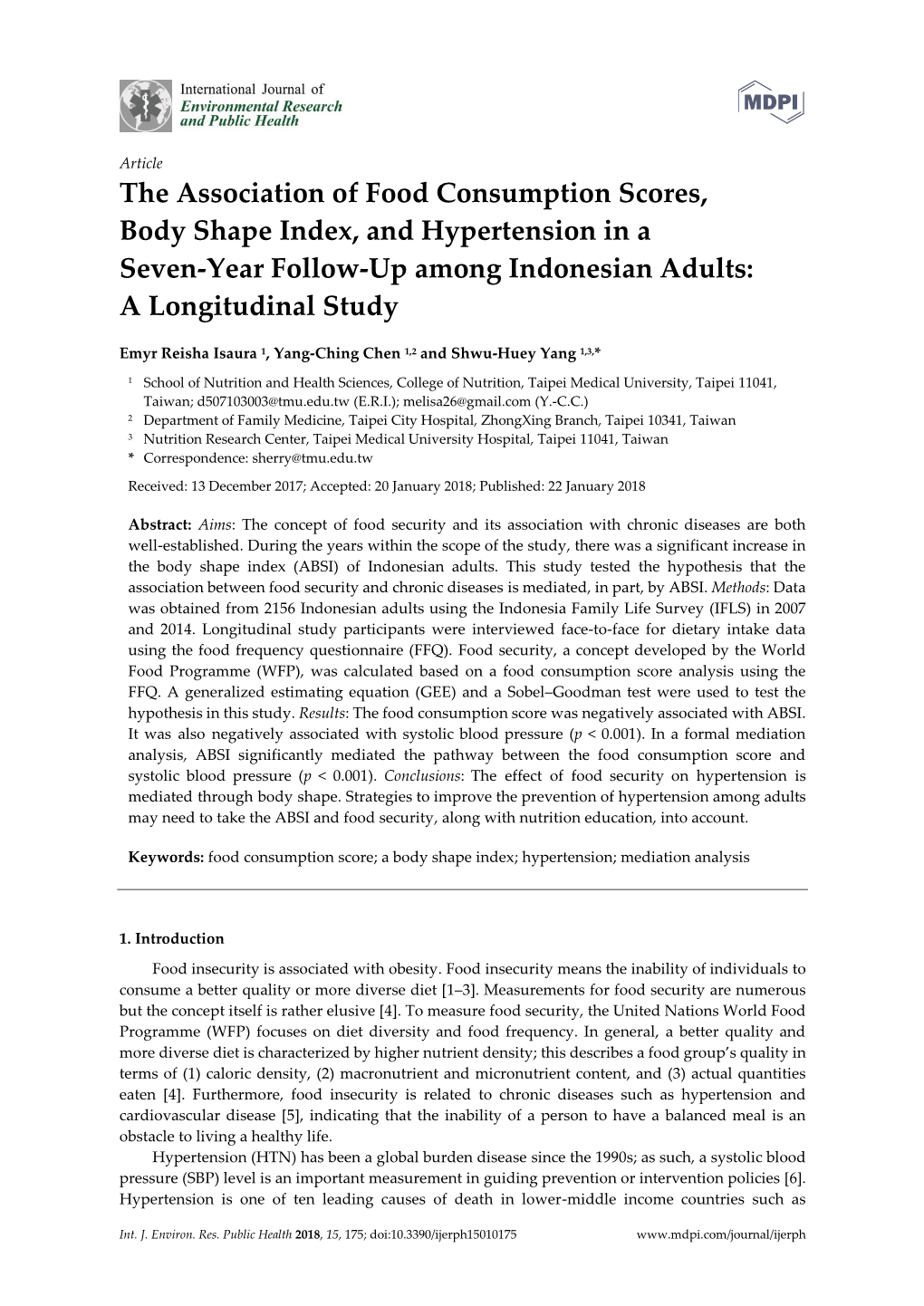 Article the Association of Food Consumption Scores, Body Shape Index, and Hypertension in a Seven-Year Follow-Up Among Indonesian Adults: a Longitudinal Study