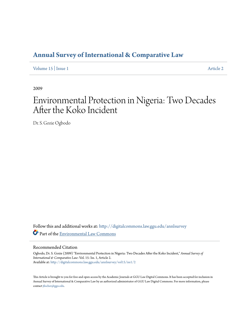 Environmental Protection in Nigeria: Two Decades After the Koko Incident Dr