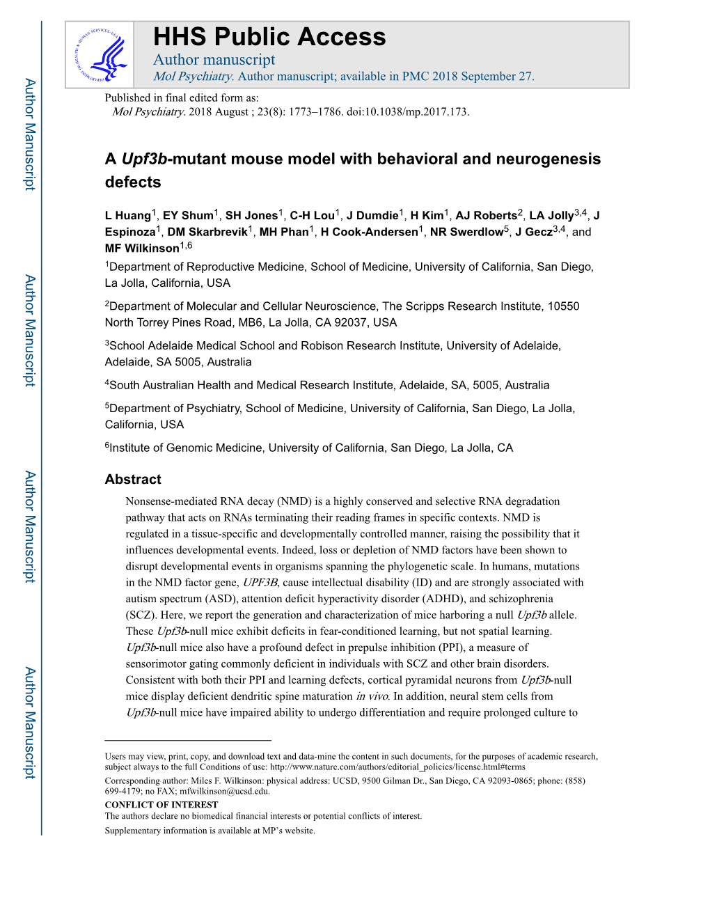 A Upf3b-Mutant Mouse Model with Behavioral and Neurogenesis Defects