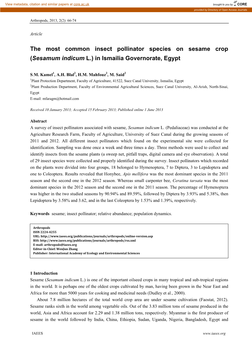 The Most Common Insect Pollinator Species on Sesame Crop (Sesamum Indicum L.) in Ismailia Governorate, Egypt