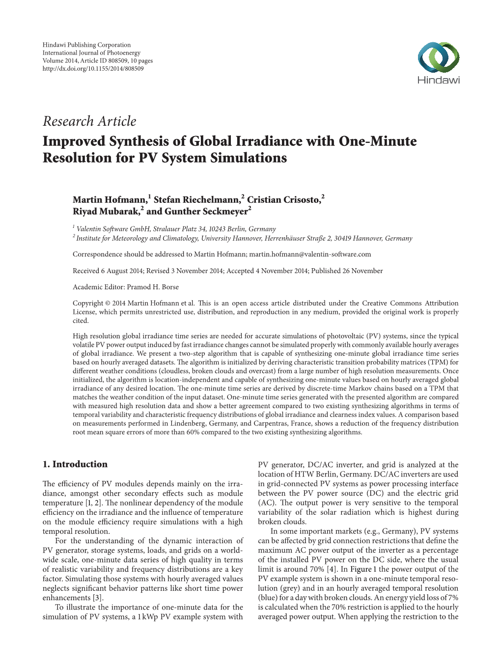 Improved Synthesis of Global Irradiance with One-Minute Resolution for PV System Simulations