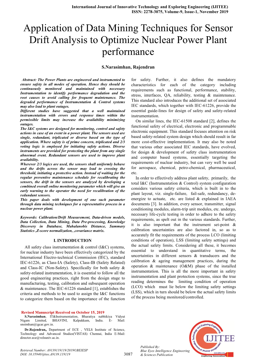 Application of Data Mining Techniques for Sensor Drift Analysis to Optimize Nuclear Power Plant Performance