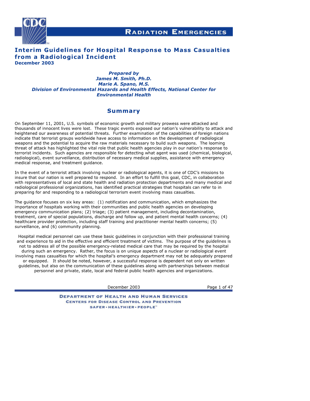 Interim Guidelines for Hospital Response to Mass Casualties from a Radiological Incident December 2003