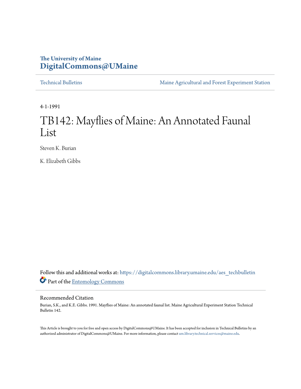 TB142: Mayflies of Maine: an Annotated Faunal List