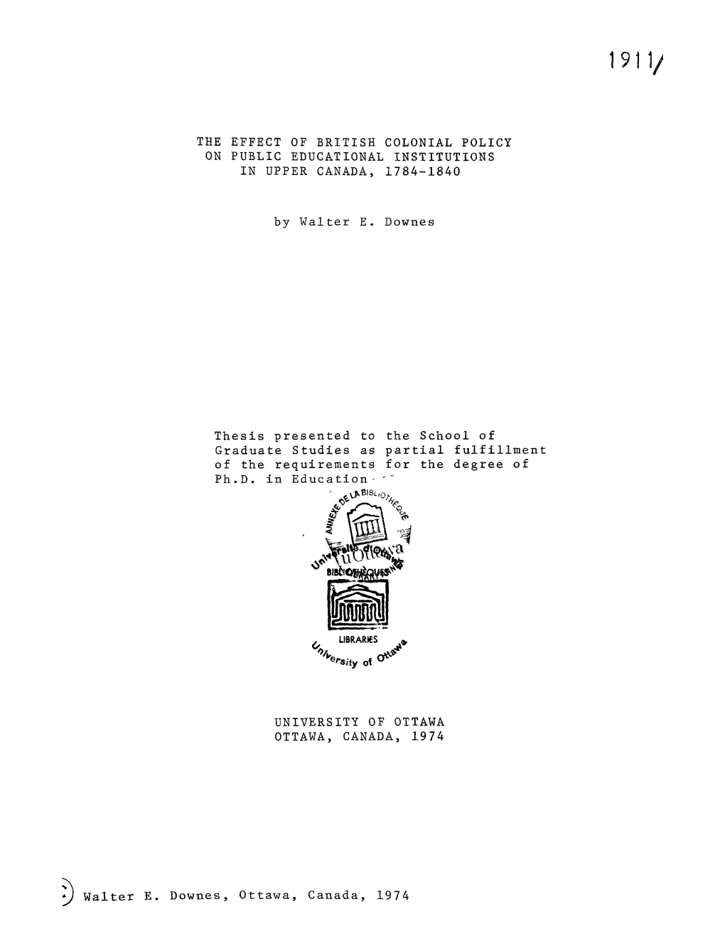 The Effect of British Colonial Policy on Public Educational Institutions in Upper Canada, 1784-1840