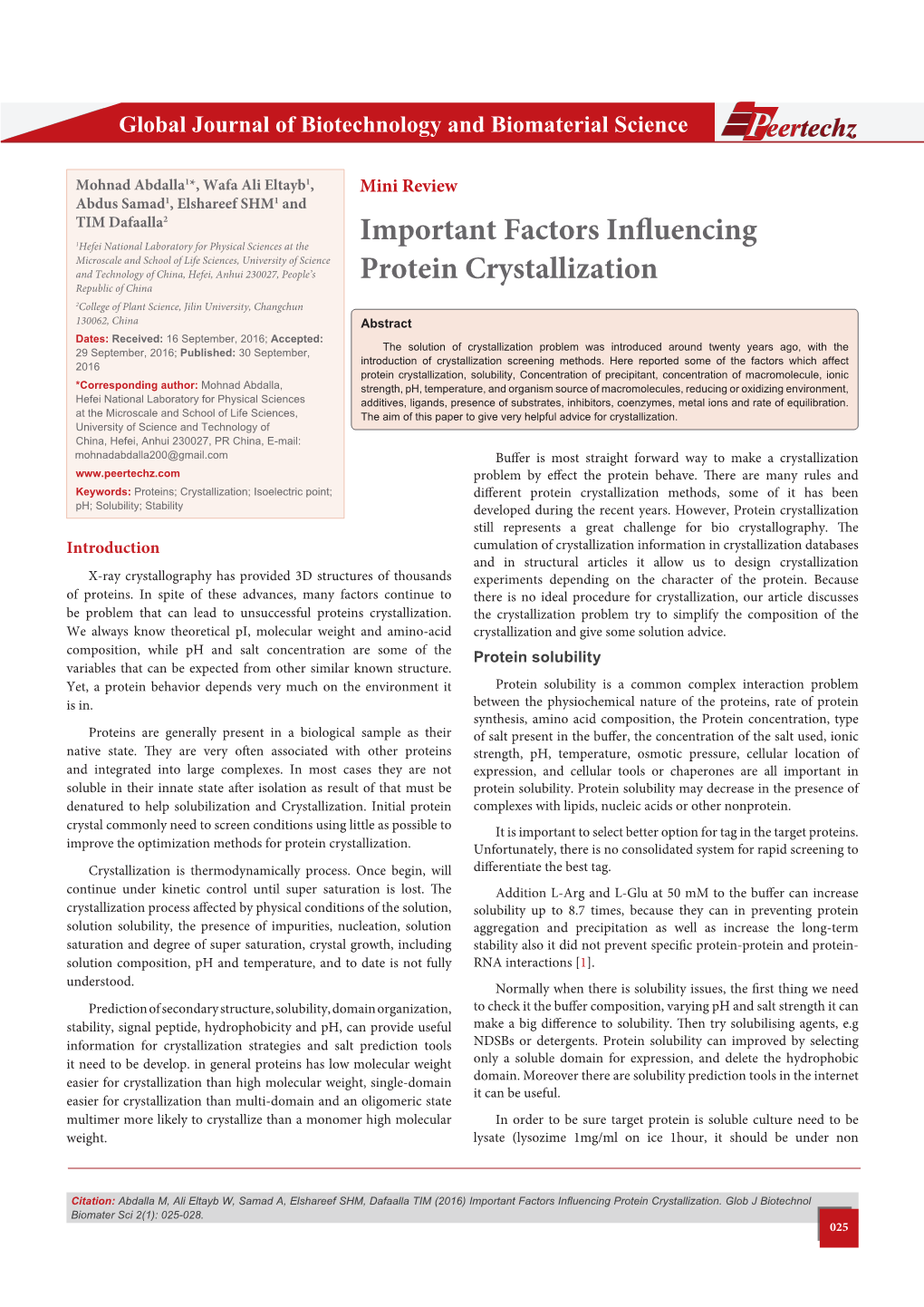 Important Factors Influencing Protein Crystallization