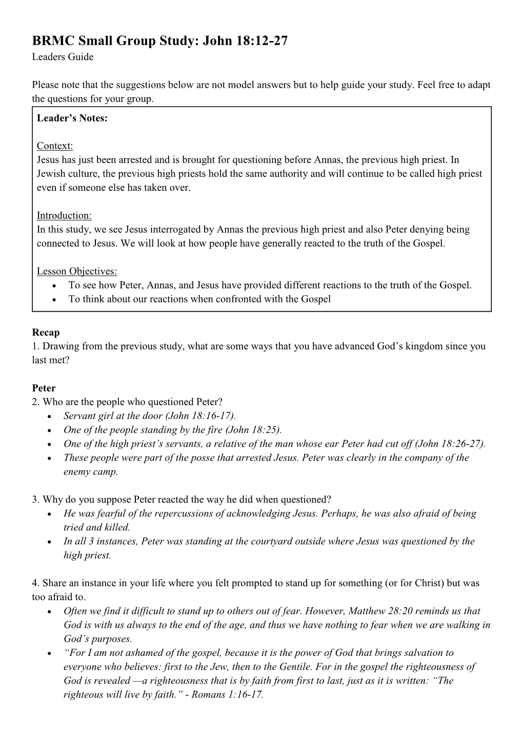 BRMC Small Group Study: John 18:12-27 Leaders Guide