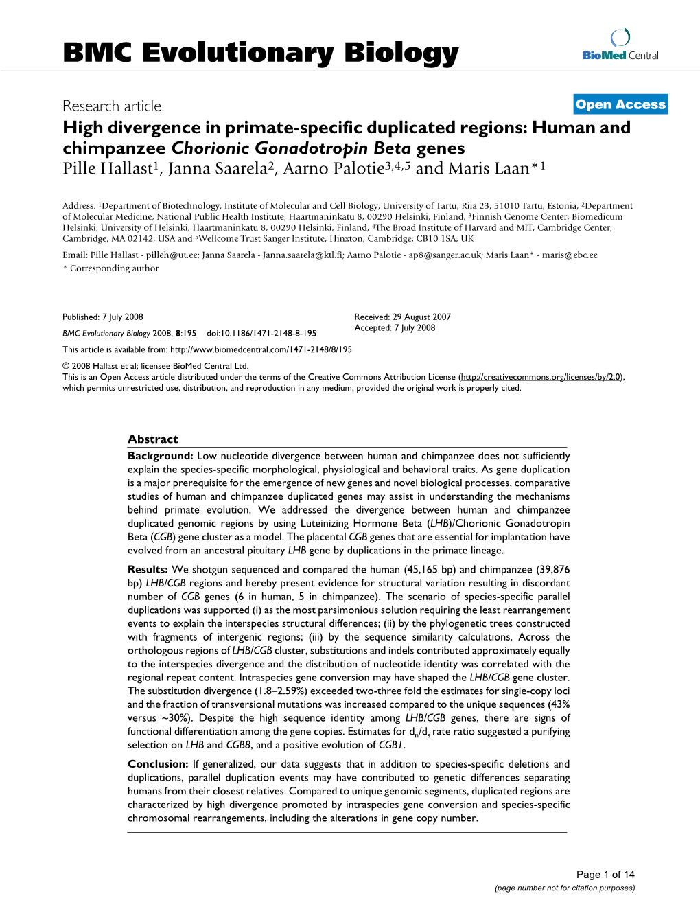 Human and Chimpanzee Chorionic Gonadotropin Beta Genes Pille Hallast1, Janna Saarela2, Aarno Palotie3,4,5 and Maris Laan*1