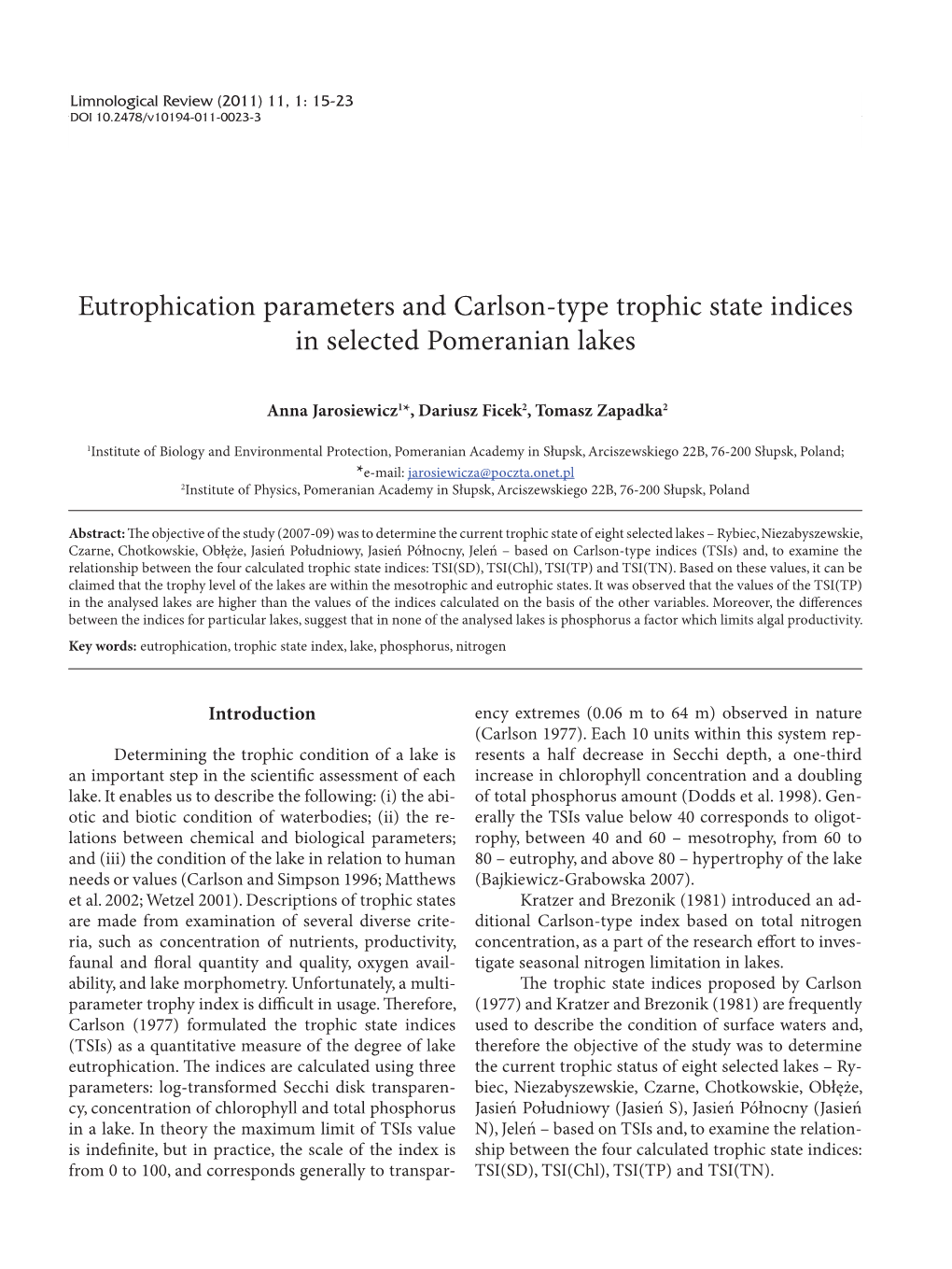 Eutrophication Parameters and Carlson-Type Trophic State Indices in Selected Pomeranian Lakes