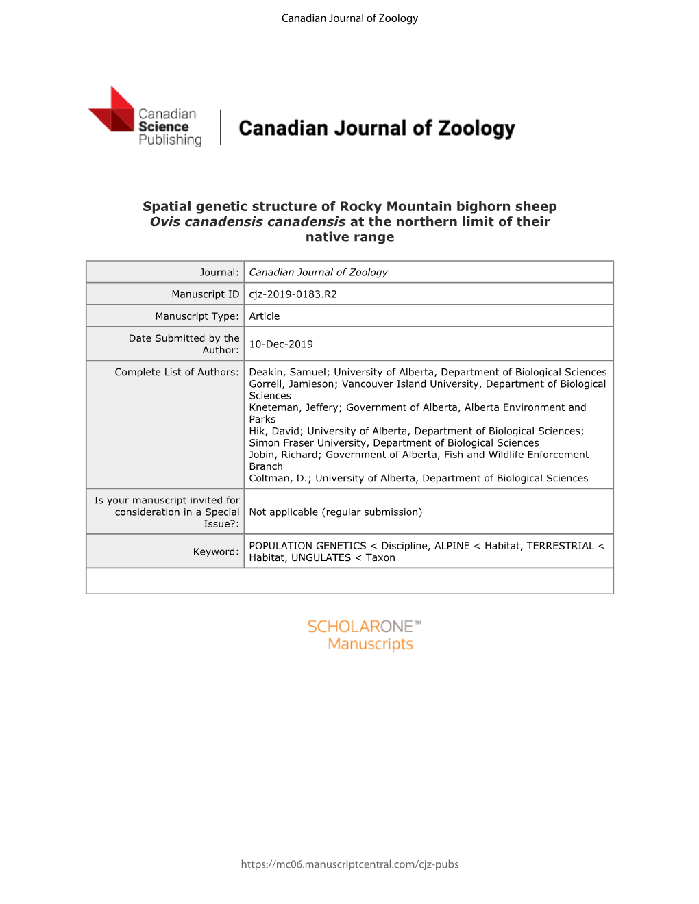 Spatial Genetic Structure of Rocky Mountain Bighorn Sheep Ovis Canadensis Canadensis at the Northern Limit of Their Native Range