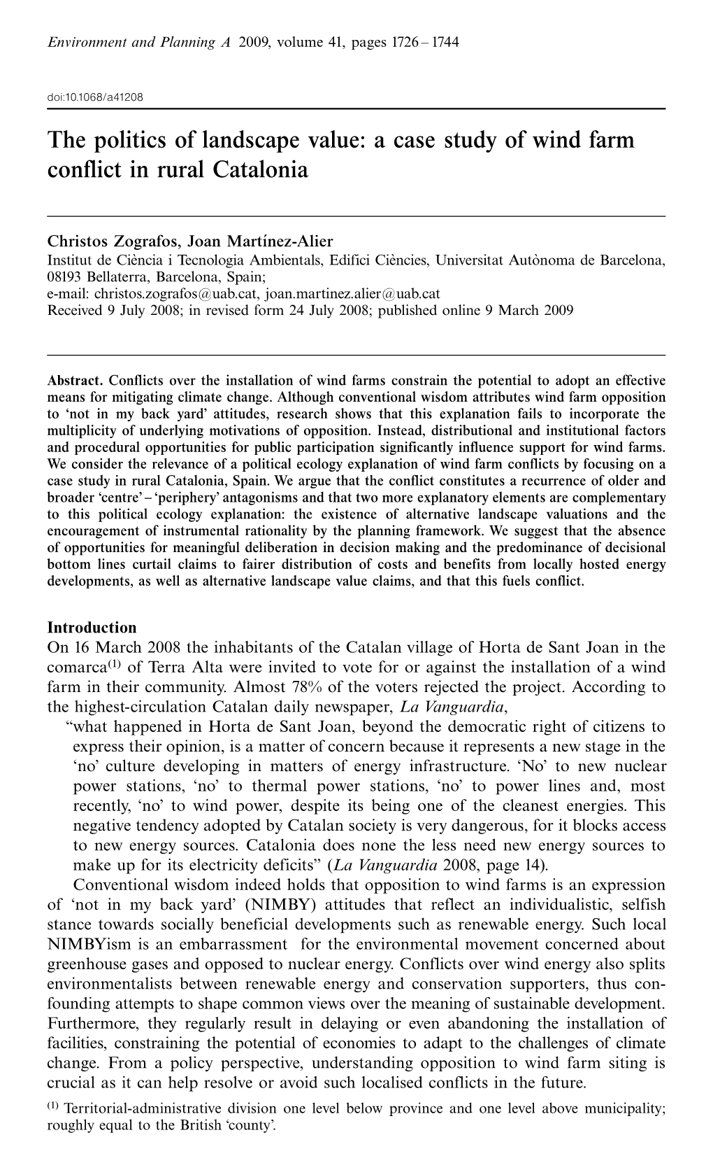 The Politics of Landscape Value: a Case Study of Wind Farm Conflict in Rural Catalonia