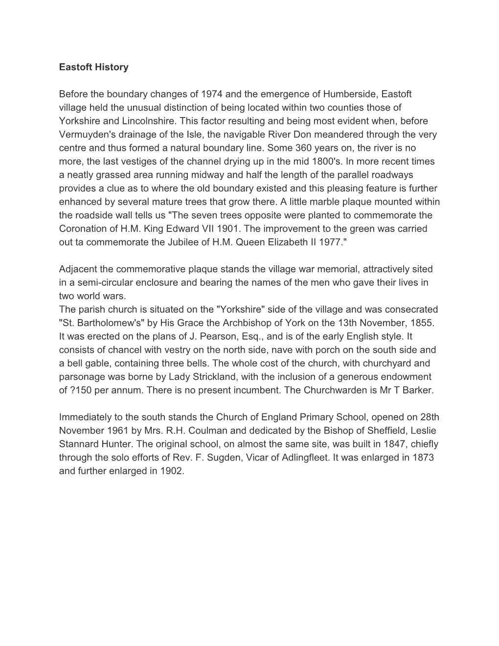 Eastoft History Before the Boundary Changes of 1974 and The