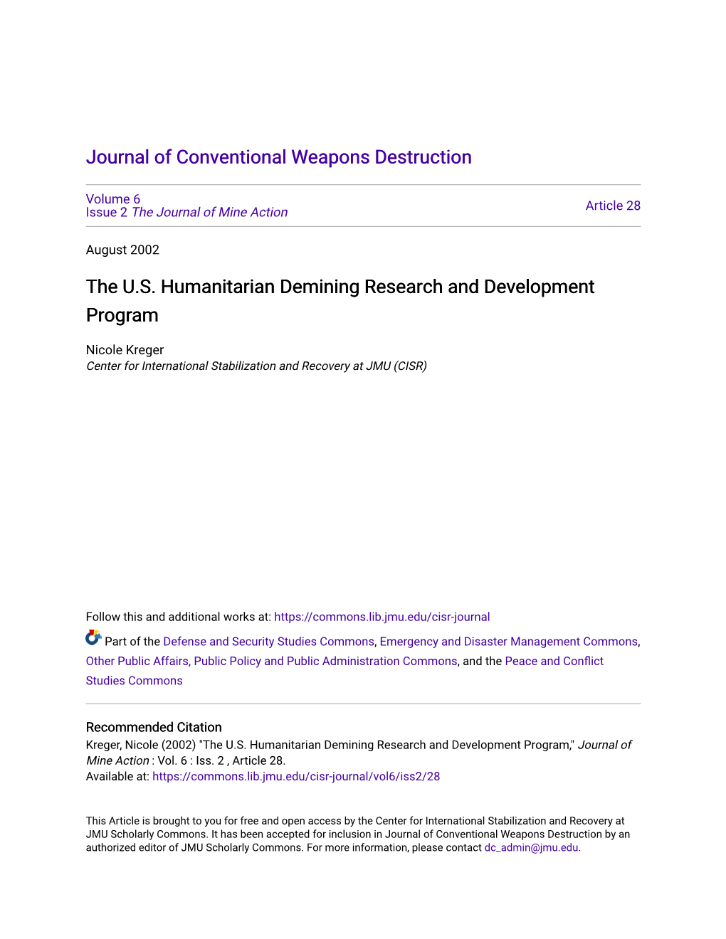 The U.S. Humanitarian Demining Research and Development Program