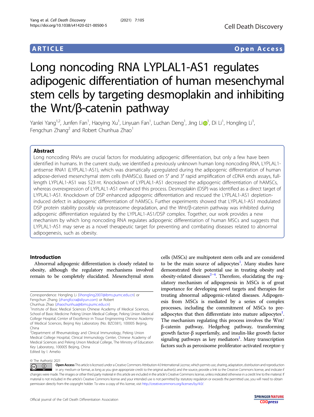 Long Noncoding RNA LYPLAL1-AS1 Regulates Adipogenic Differentiation
