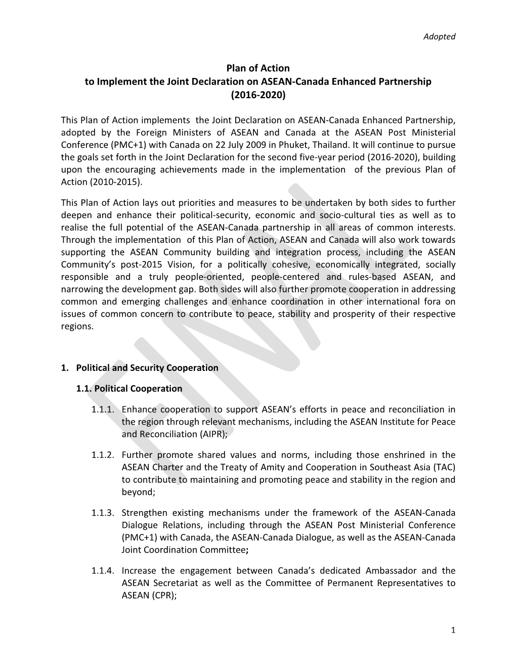 Plan of Action to Implement the Joint Declaration on ASEAN-Canada Enhanced Partnership (2016-2020)