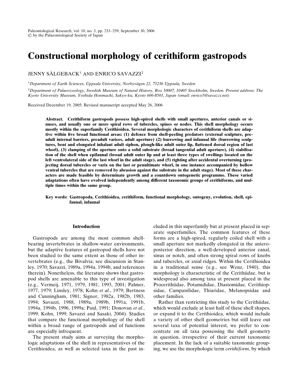 Constructional Morphology of Cerithiform Gastropods