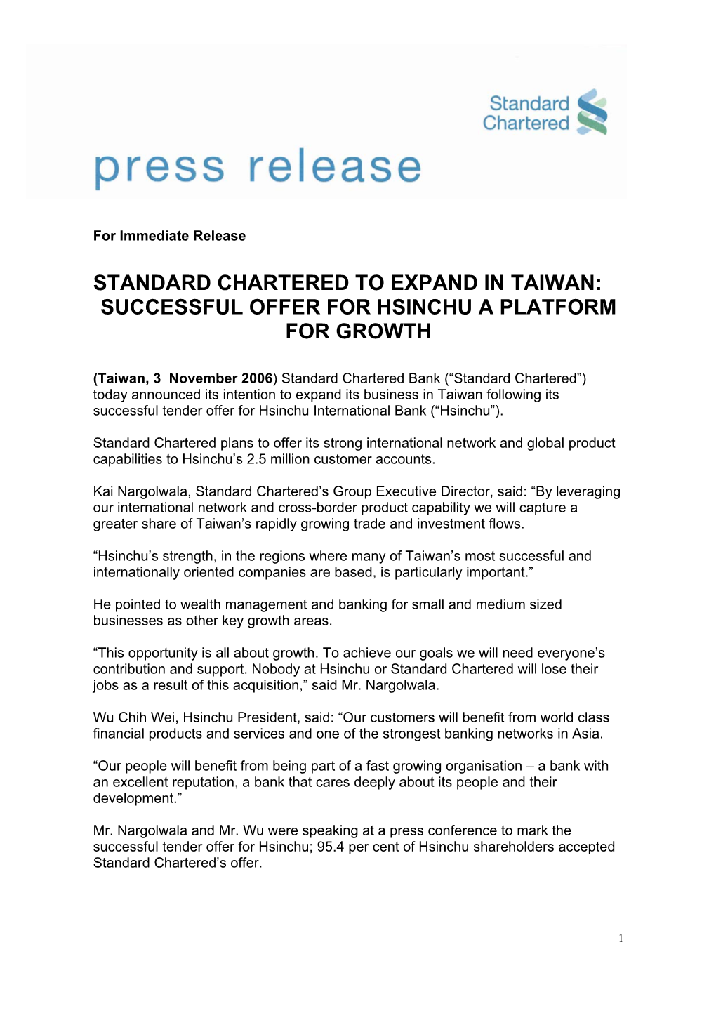 Standard Chartered to Expand in Taiwan: Successful Offer for Hsinchu a Platform for Growth