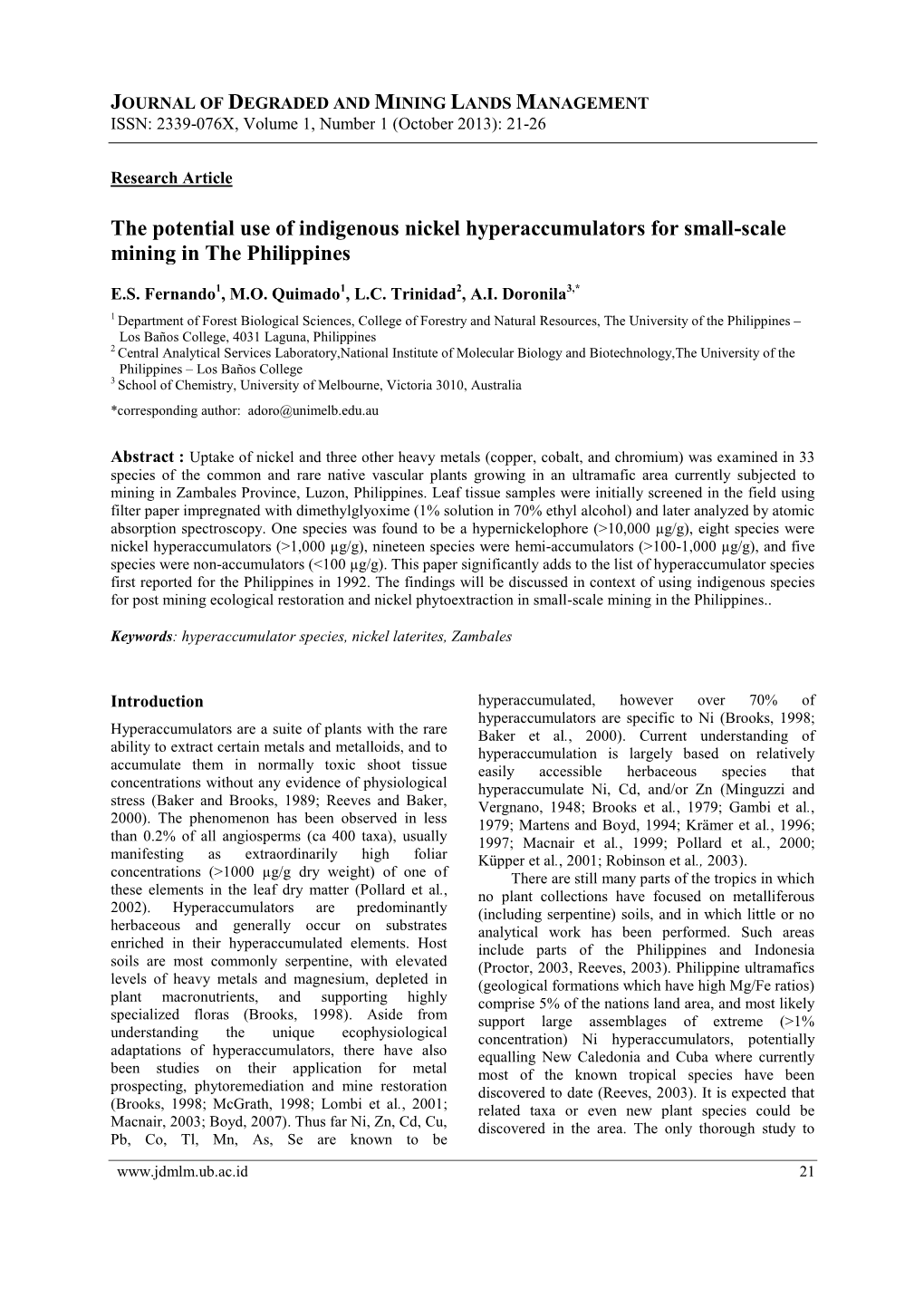 The Potential Use of Indigenous Nickel Hyperaccumulators for Small-Scale Mining in the Philippines