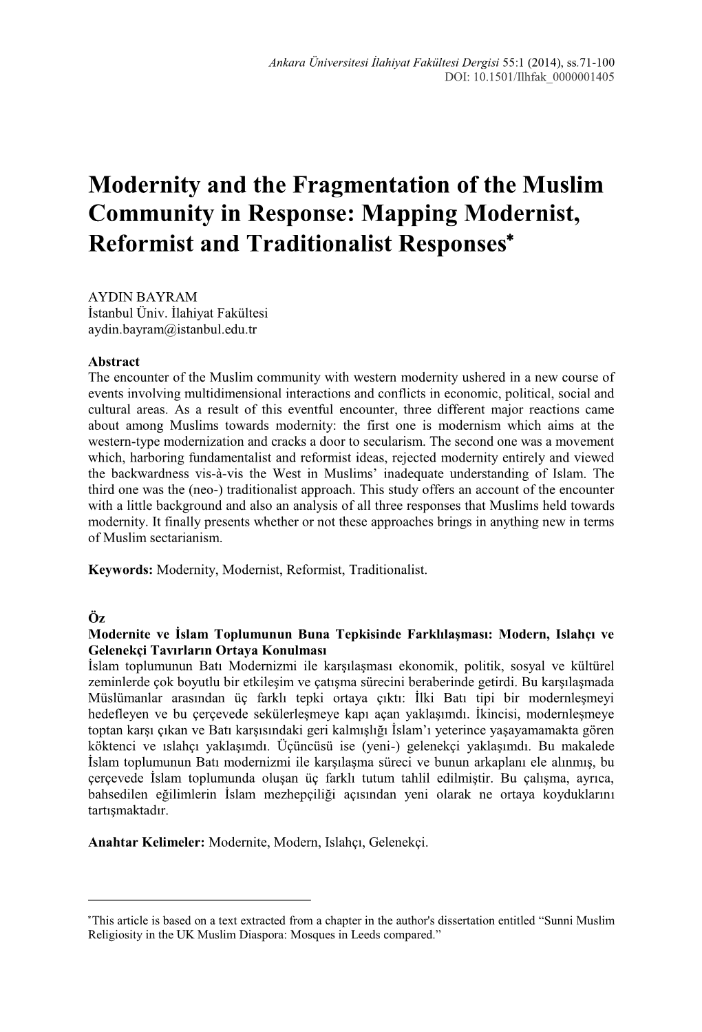 Modernity and the Fragmentation of the Muslim Community in Response: Mapping Modernist, Reformist and Traditionalist Responses