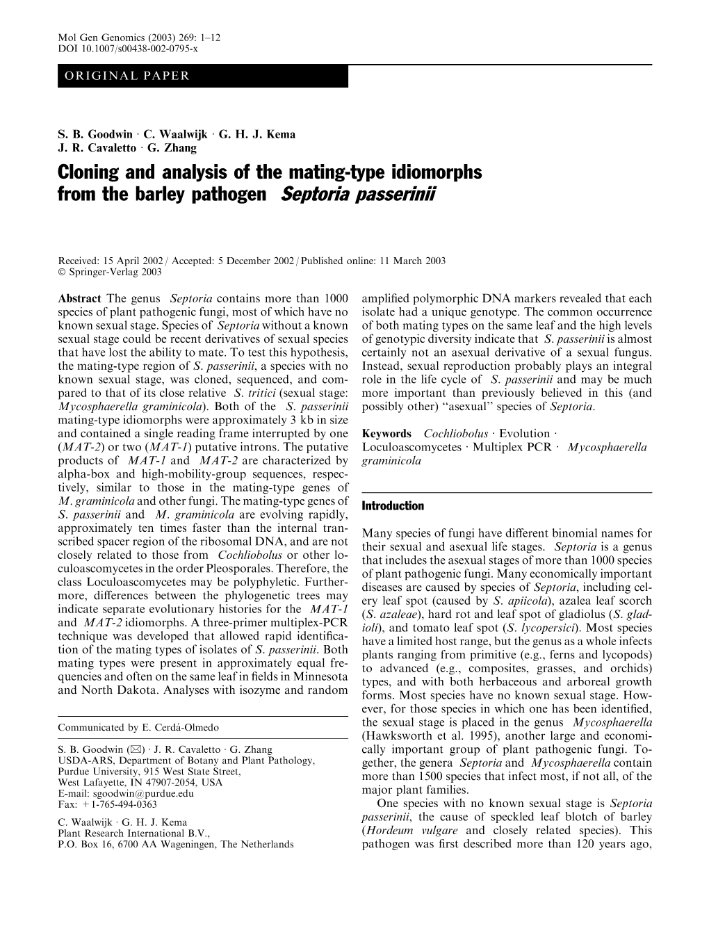 Cloning and Analysis of the Mating-Type Idiomorphs from the Barley Pathogen Septoria Passerinii