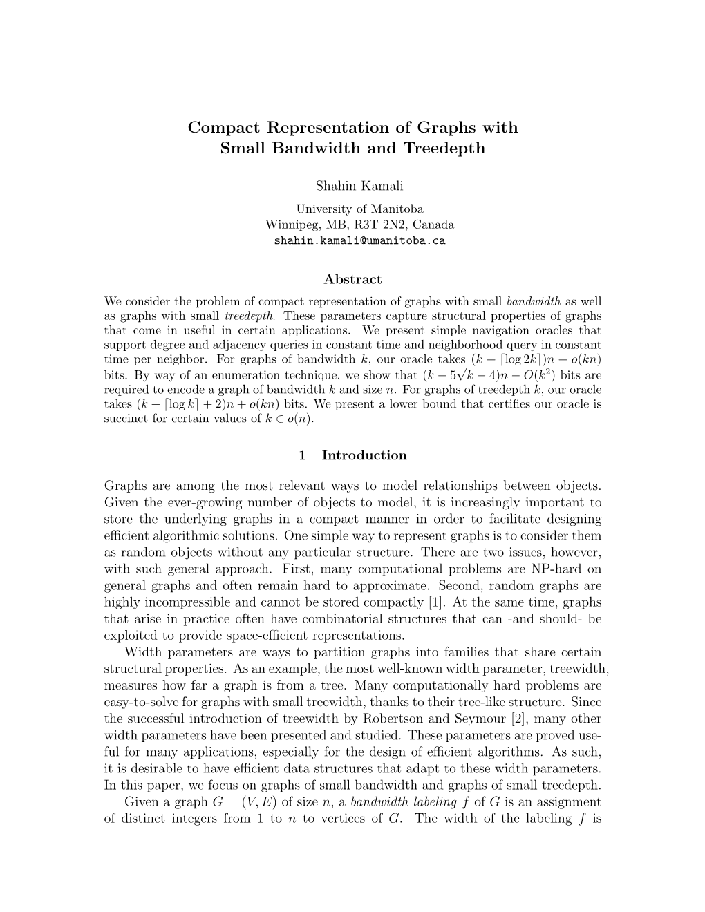 Compact Representation of Graphs with Small Bandwidth and Treedepth