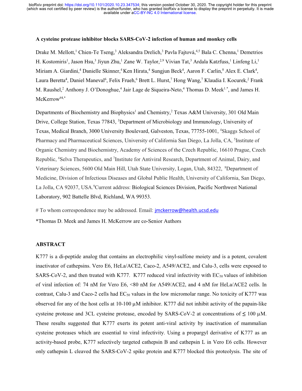 A Cysteine Protease Inhibitor Blocks SARS-Cov-2 Infection of Human and Monkey Cells