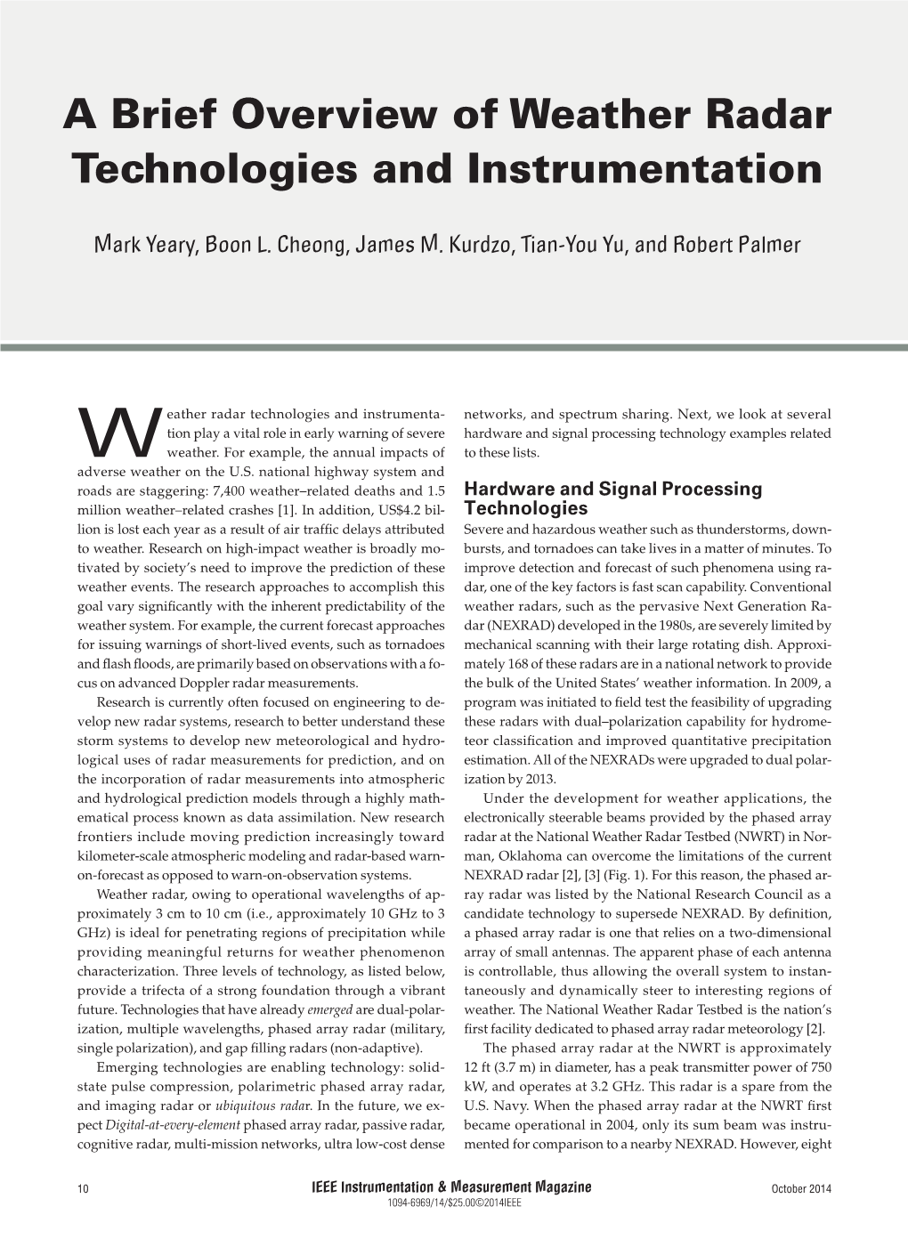 A Brief Overview of Weather Radar Technologies and Instrumentation