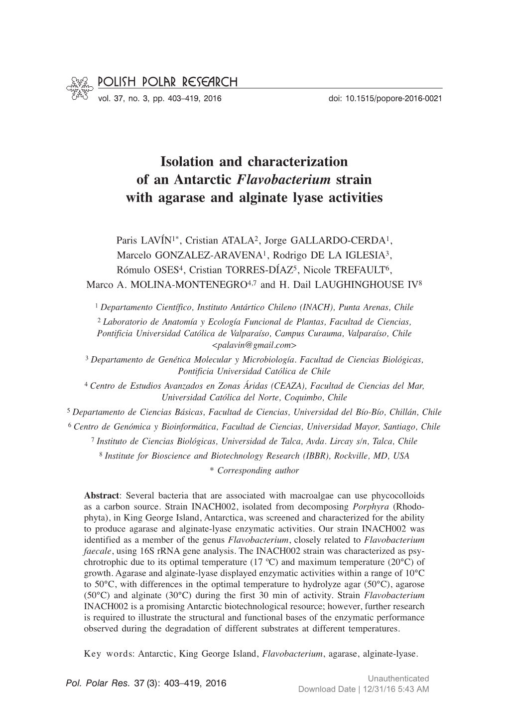 Isolation and Characterization of an Antarctic Flavobacterium Strain with Agarase and Alginate Lyase Activities