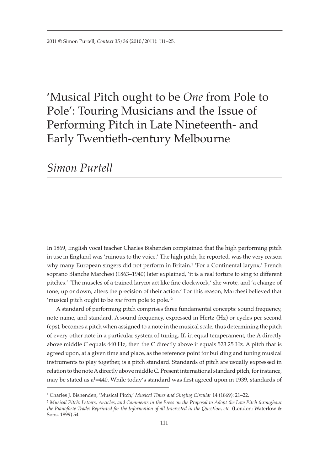 'Musical Pitch Ought to Be One from Pole to Pole': Touring Musicians and the Issue of Performing Pitch in Late Nineteenth