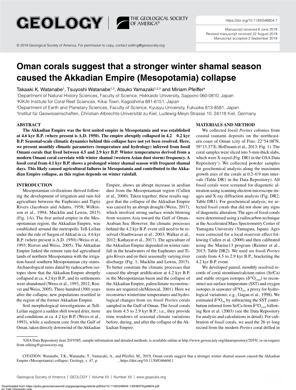 Oman Corals Suggest That a Stronger Winter Shamal Season Caused the Akkadian Empire (Mesopotamia) Collapse Takaaki K