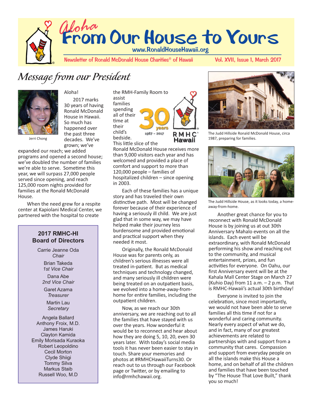 From Our House to Yours Aloha Newsletter of Ronald Mcdonald House Charities® of Hawaii Vol