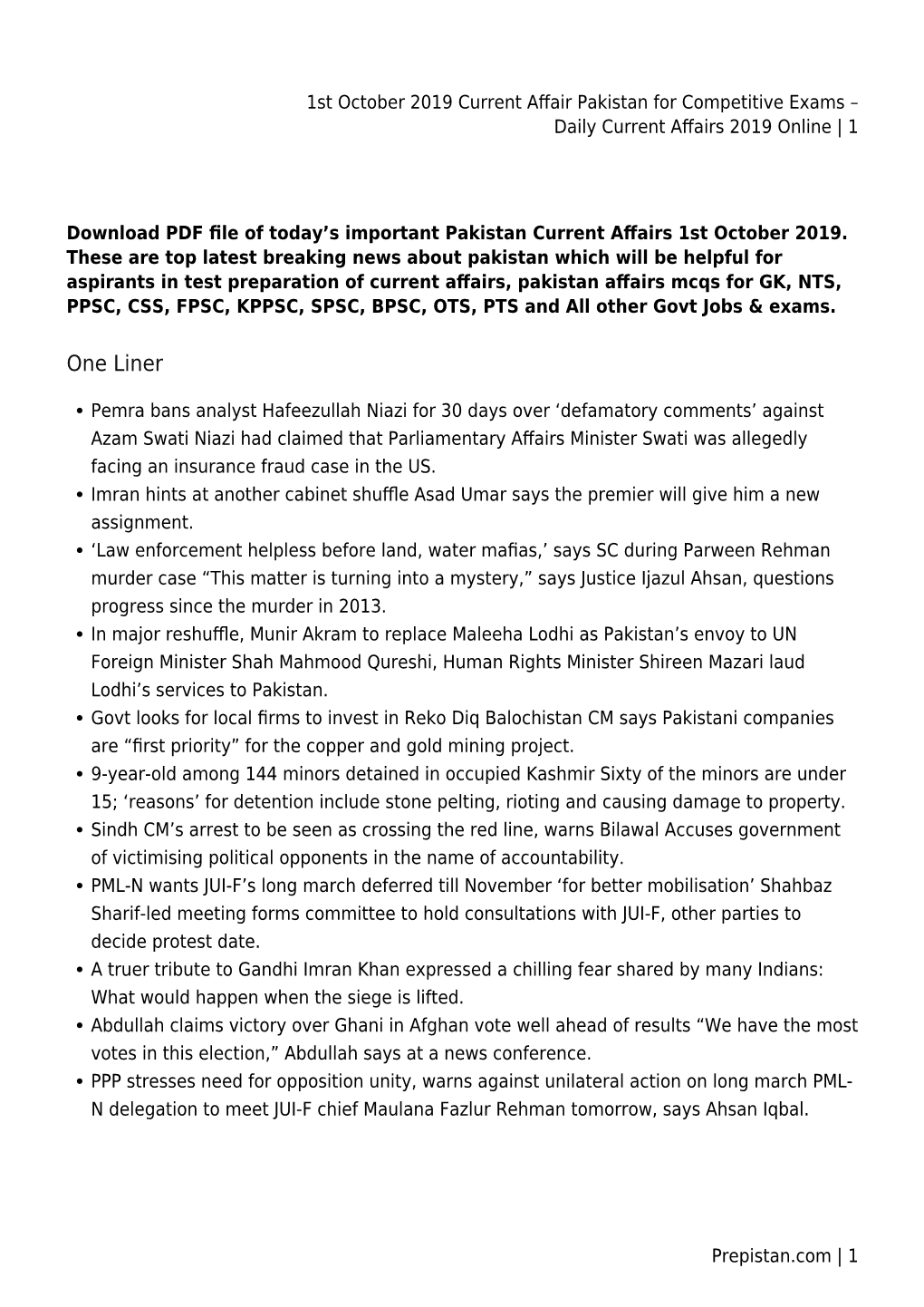 1St October 2019 Current Affair Pakistan for Competitive