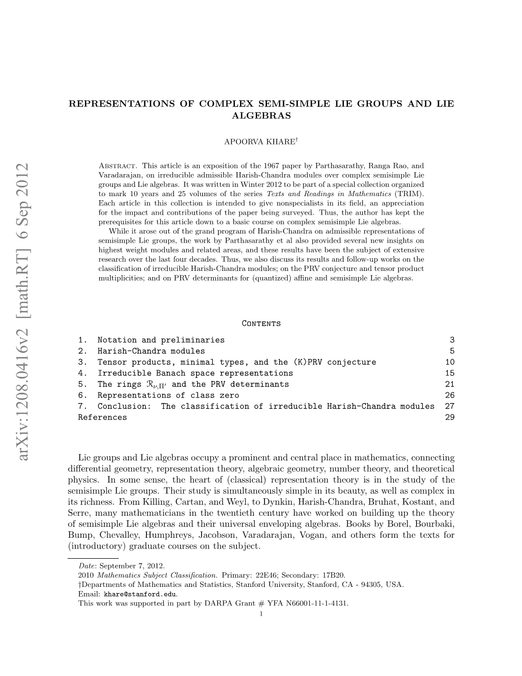 Arxiv:1208.0416V2 [Math.RT] 6 Sep 2012 Itoutr)Gaut Ore Ntesubject