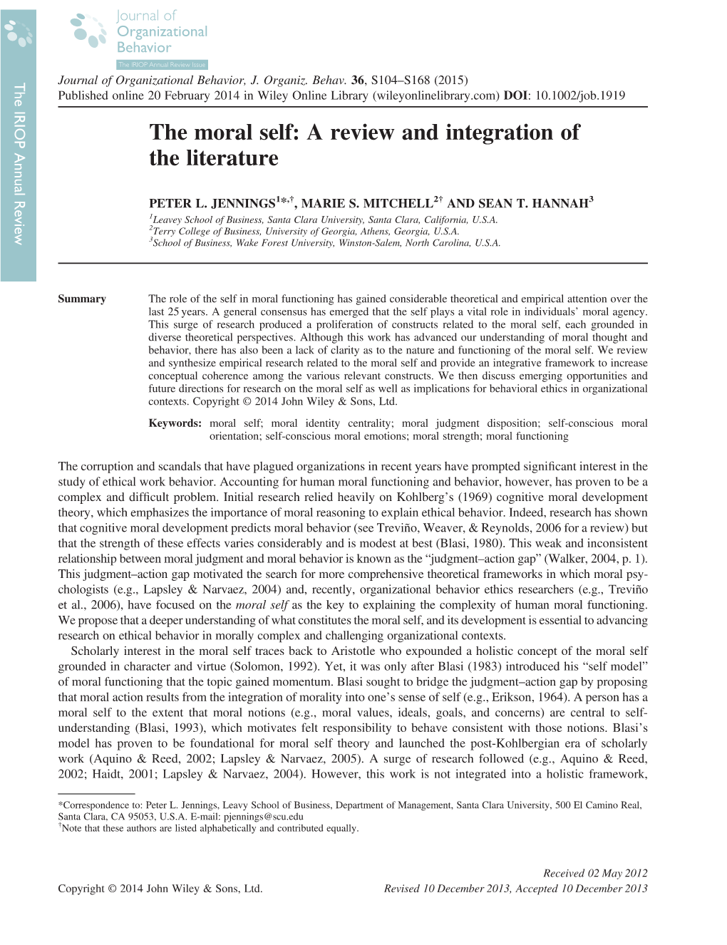 The Moral Self: a Review and Integration of the Literature