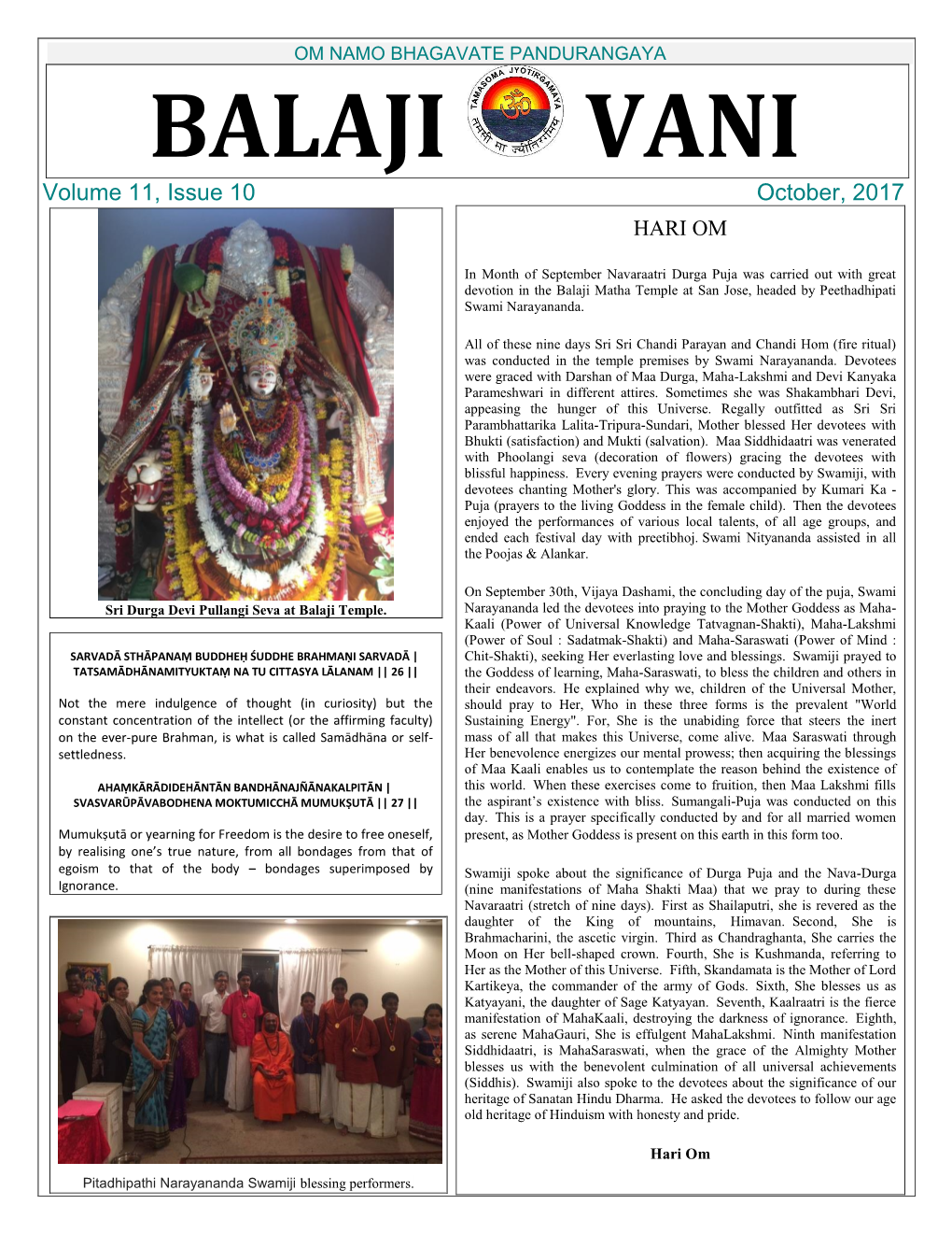 OM NAMO BHAGAVATE PANDURANGAYA BALAJI VANI Volume 11, Issue 10 October, 2017