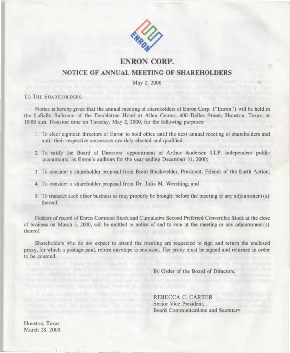 EN RON CORP. NOTICE of ANNUAL MEETING of SHAREHOLDERS May 2, 2000