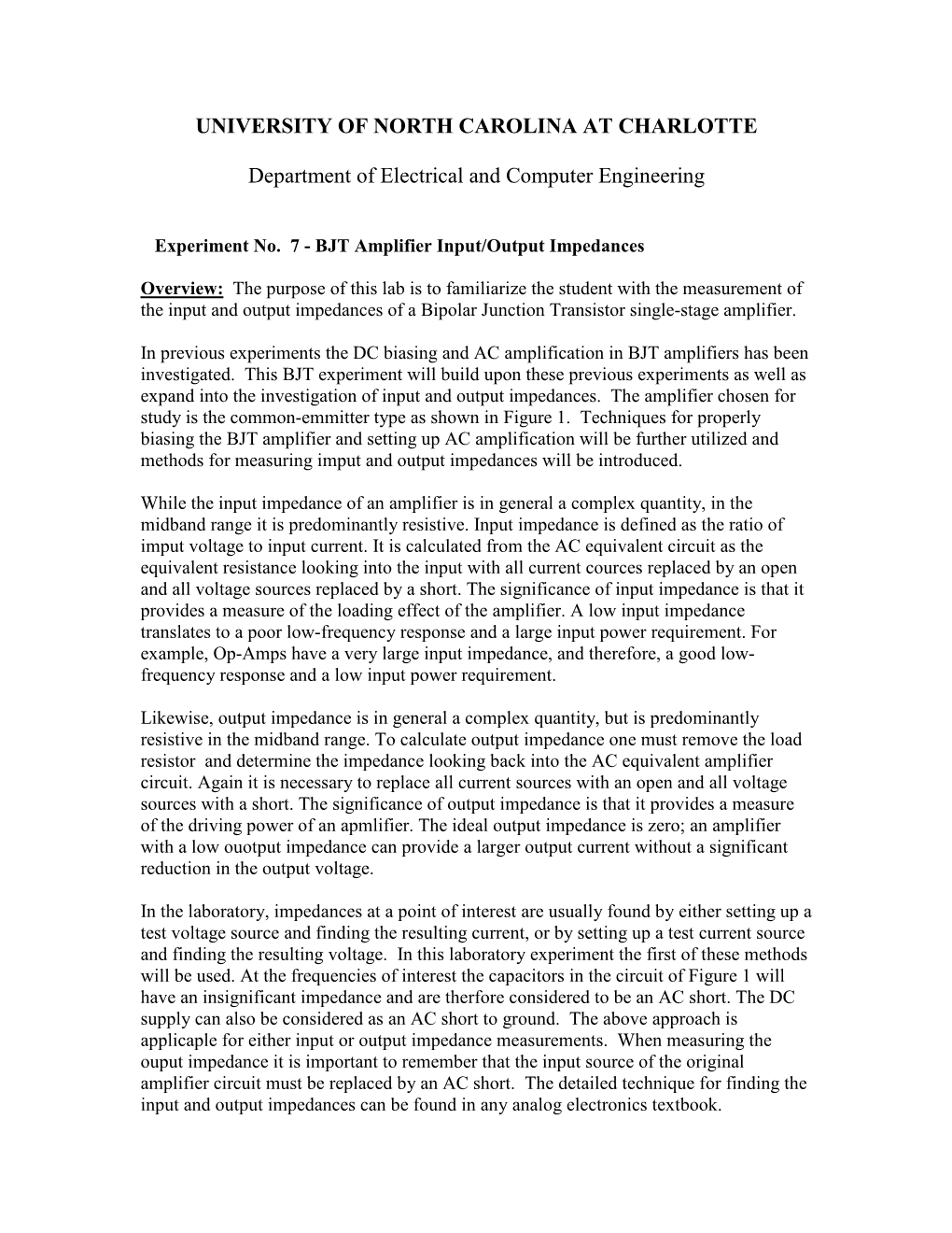 Experiment No. 7 - BJT Amplifier Input/Output Impedances