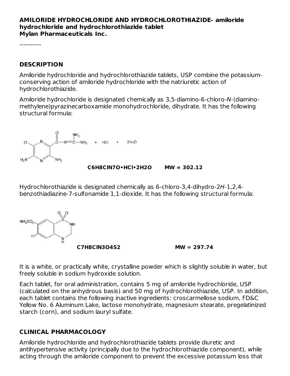 AMILORIDE HYDROCHLORIDE and HYDROCHLOROTHIAZIDE- Amiloride Hydrochloride and Hydrochlorothiazide Tablet Mylan Pharmaceuticals Inc