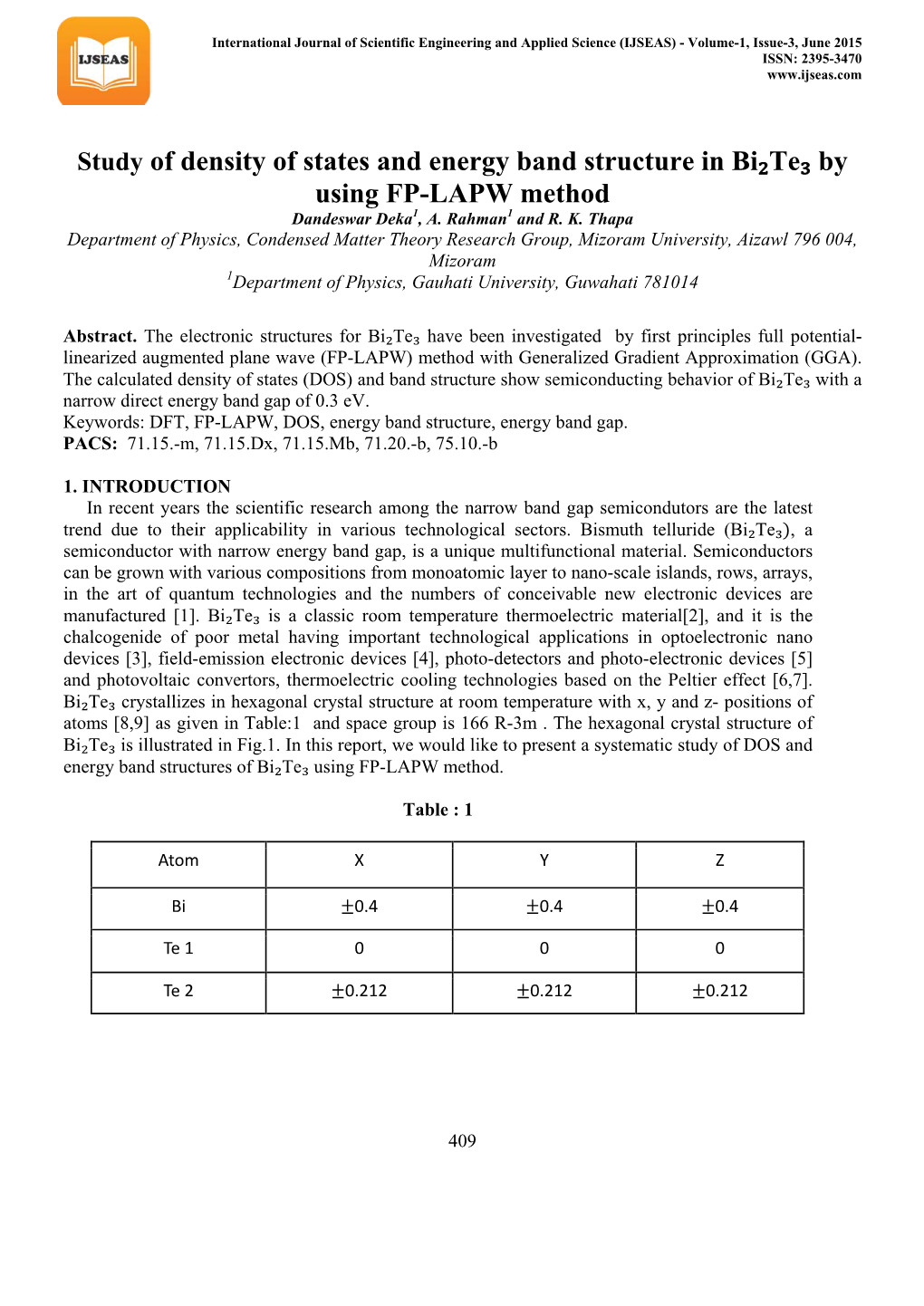 Study of Density of States and Energy Band Structure in Bi₂te₃ by Using