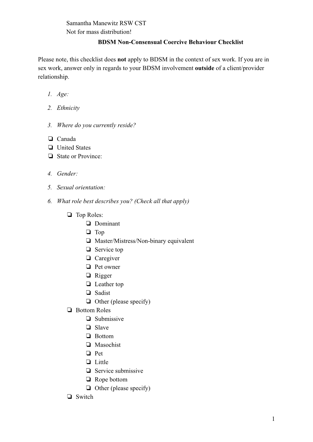 BDSM Coercive Control Checklist