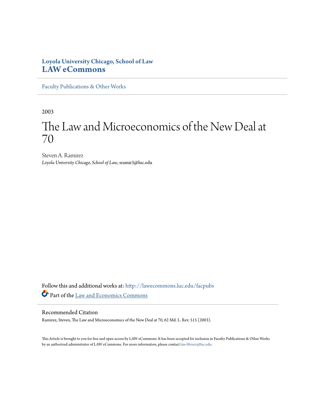 The Law and Microeconomics of the New Deal at 70 Steven A