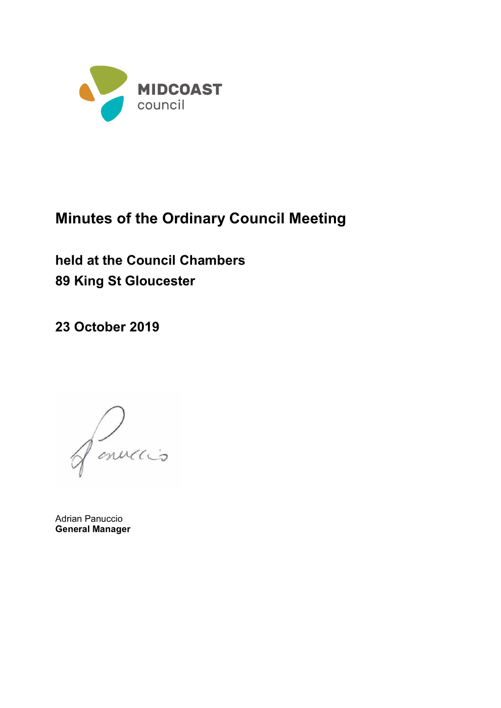 Minutes of the Ordinary Council Meeting Held at the Council Chambers 89 King St Gloucester