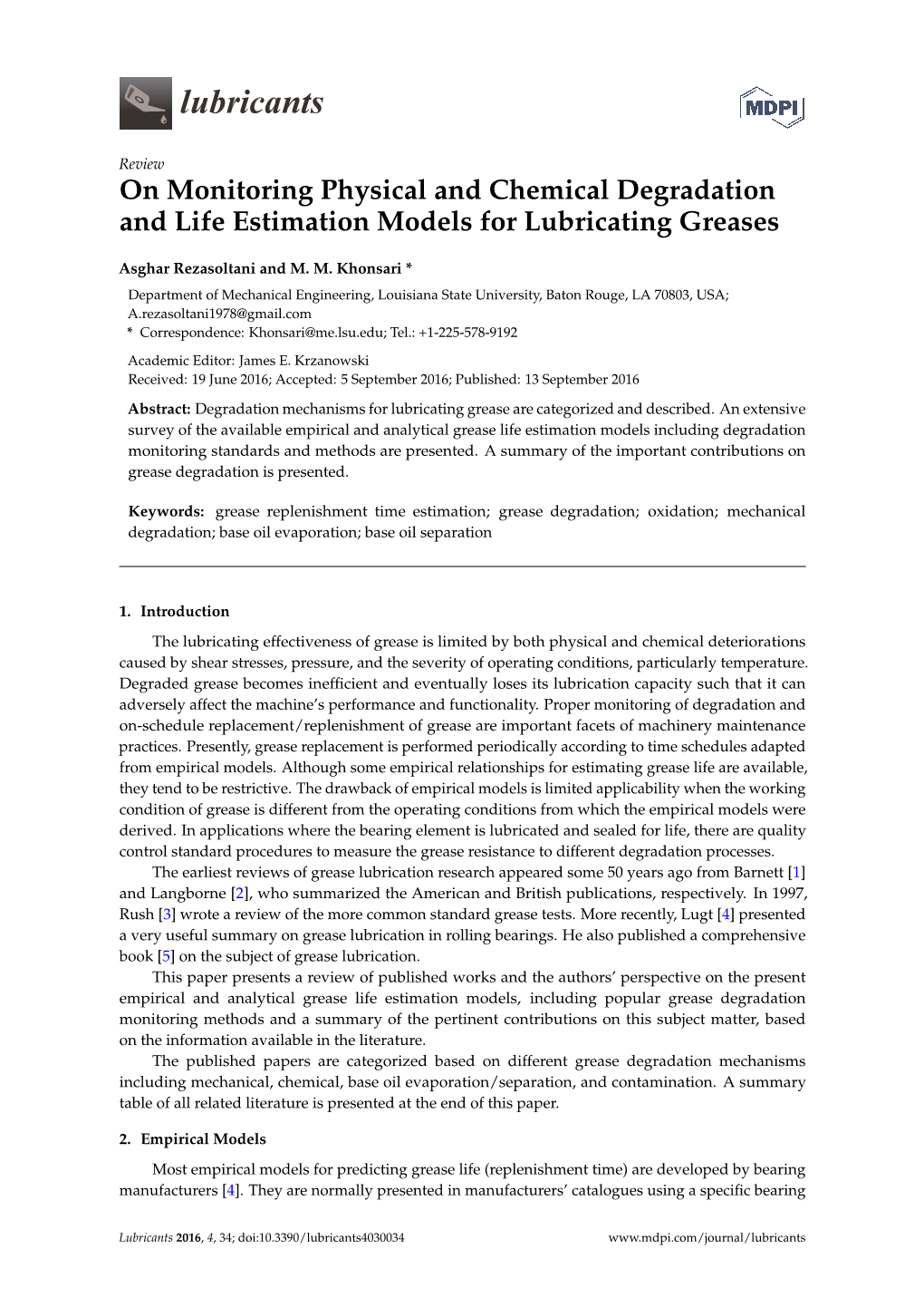 On Monitoring Physical and Chemical Degradation and Life Estimation Models for Lubricating Greases